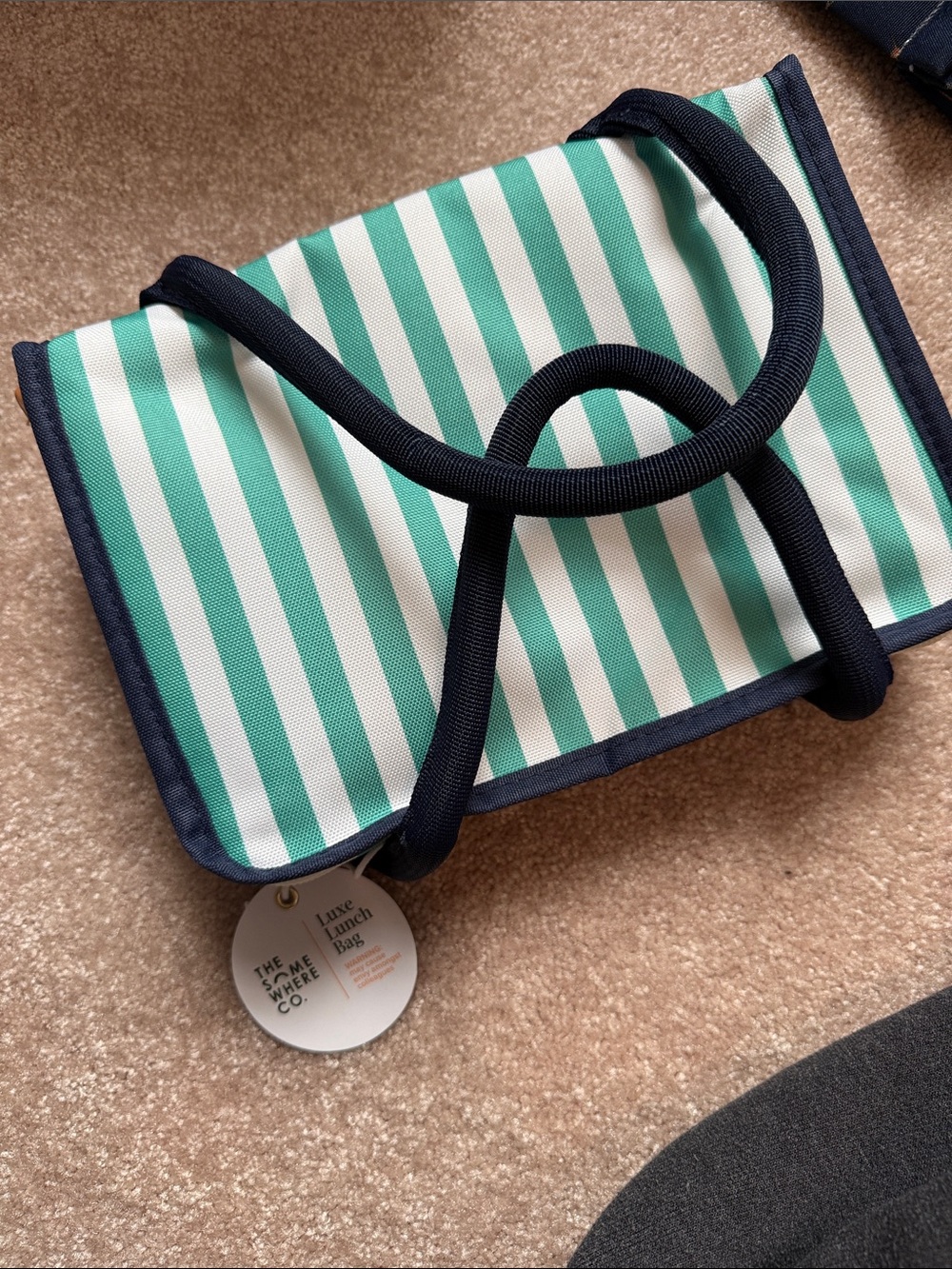Striped Lunch Bag – Green & White with Navy Trim